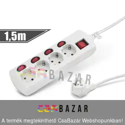Hálózati elosztó 4 aljzattal, kapcsolókkal, túláram védelemmel 1,5m